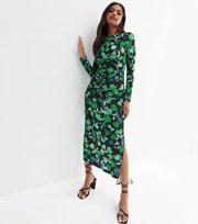 New Look Black Floral Ruched Long Sleeve Midi Dress